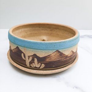 VINTAGE Cactus Desert Stone Pottery Decorative Flower Pot Planter with Saucer
